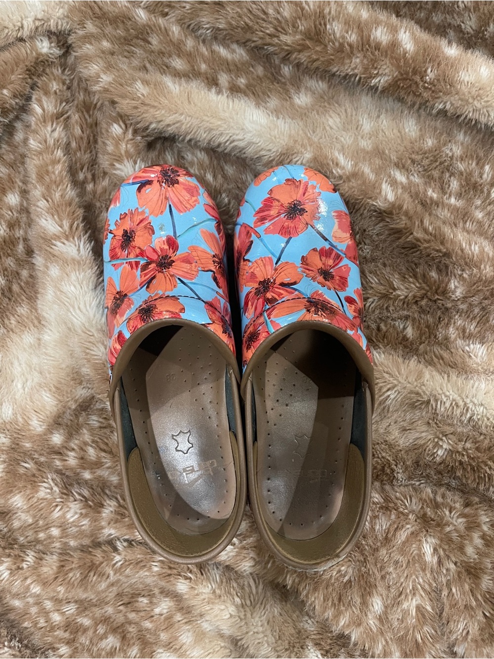 Dansko Floral Slip-On Clogs in Blue and Orange